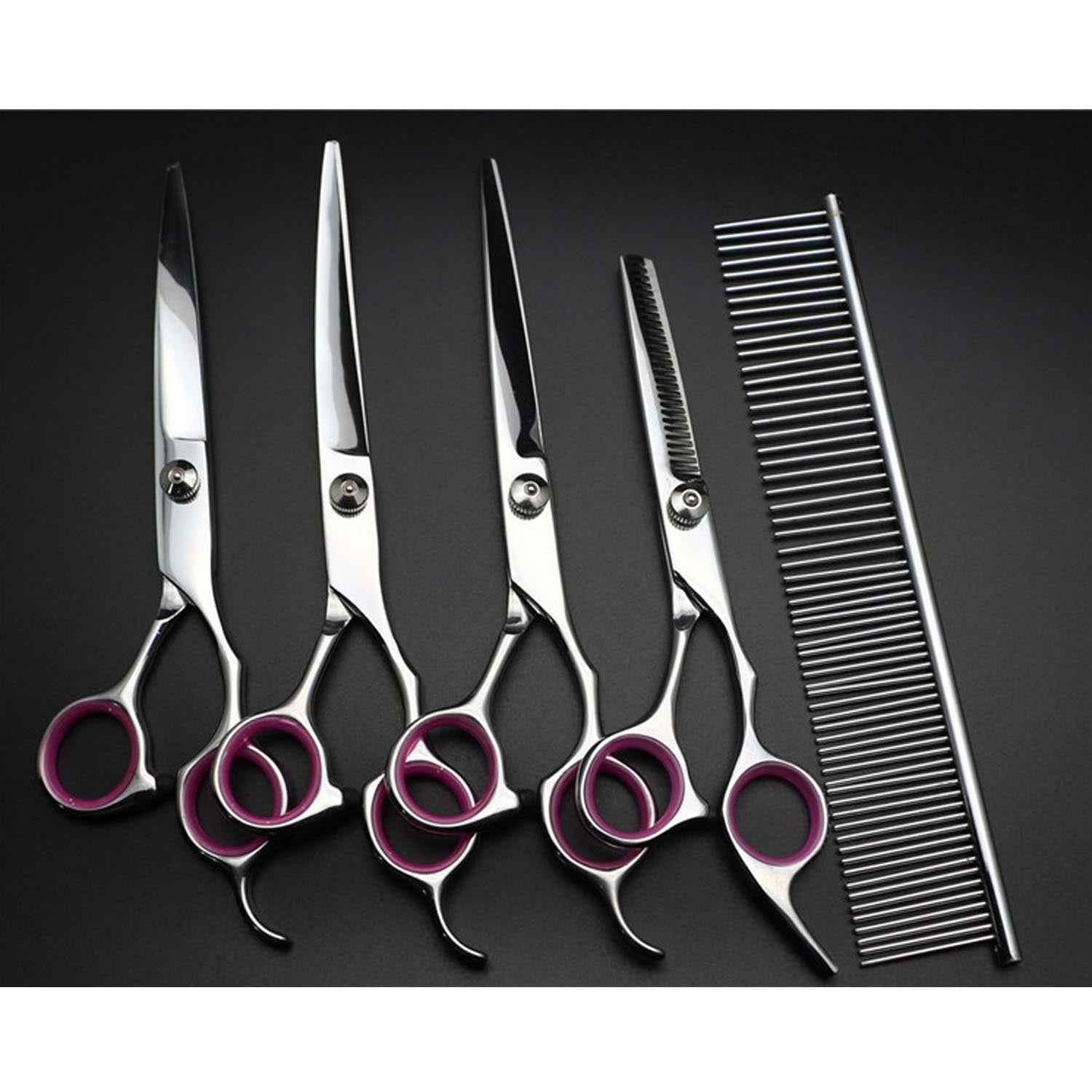 Behogar 5pcs Pet Dog Grooming Hair Comb Thinning Scissors Shears Straight Curved Animals Cutting Scissors Tool Kit w/Storage Bag