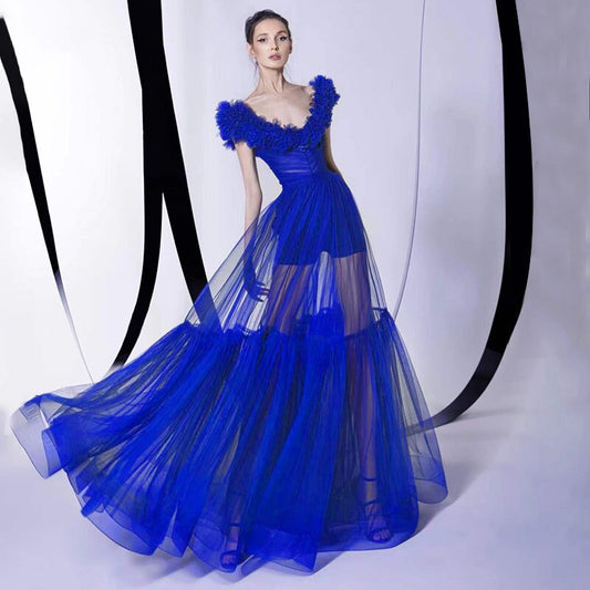 Trendy Appliques Design Blue Long Dress Women Sexy Deep V Neck Celebrity Party Club Dress