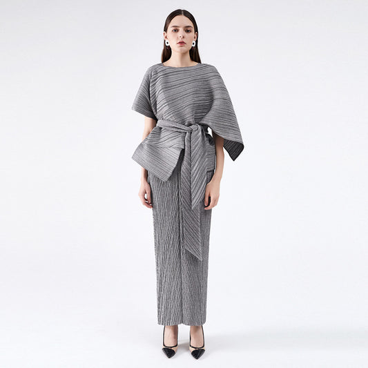 Pleated Dress Women's Two Piece Sling High Waist Lacing Elegant Ankel Length Banquet Formal New Summer Fashion