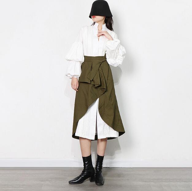 Gentle Style Autumn Two-Piece Suit Pure Color Simple Long Shirt Skirt + Army Green Wrap Skirt