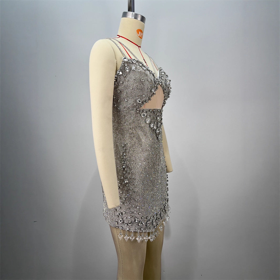 Summer Shiny Diamond Women's Sleeveless Backless Fashion V-Neck Mini Dress
