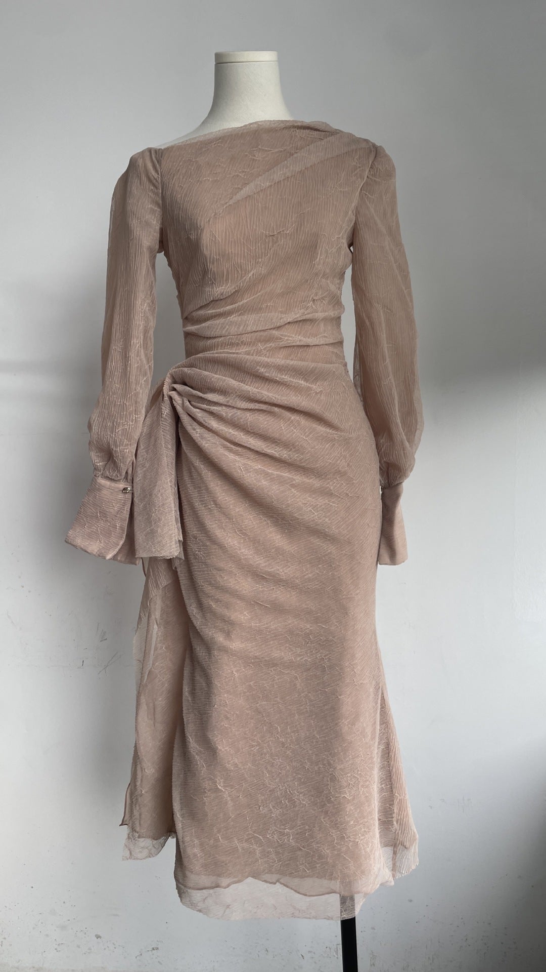 Gentle Style Pleated Long Sleeve Fitted Dress with Asymmetrical Shoulder, Elegant Designer Dress in Khaki