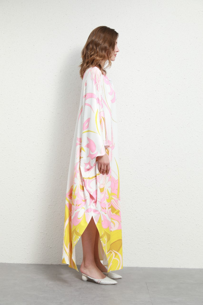 Spring/Summer V-Neck Large Size Doll Sleeves Urban Casual White Long Skirt Pullover Knitted Silk Print Loose Women's Clothing