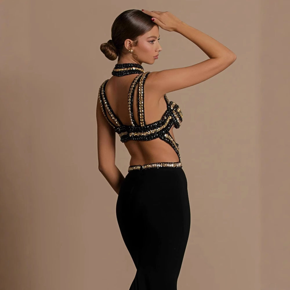 Black gold bandage dress with hollowed out suspender and backless cocktail dress