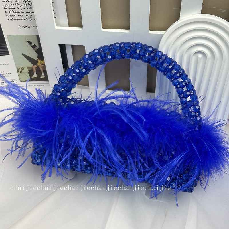 Pearl bead bag with Ostrich feather fur designer brand Clear Acrylic crystal stone box tote handbag women handmade party purse