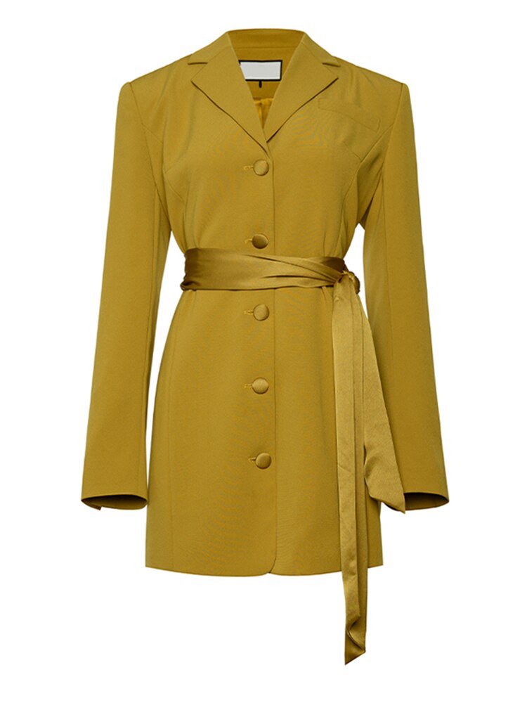 Women’s yellow blazer dress by eprolo with lapel collar, long sleeves, belted waist, loose fit, suitable for spring and autumn.