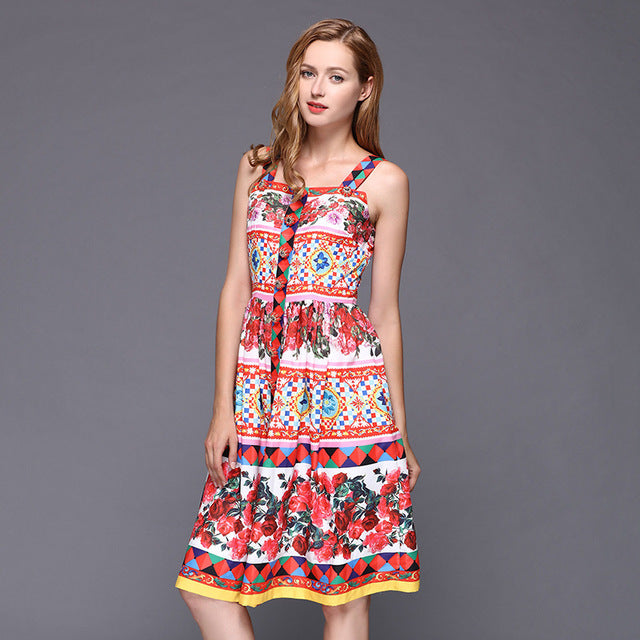 Fashion Designer Summer Dress Women's Spaghetti Strap Elegant Rose Floral Print Button Midi Dress