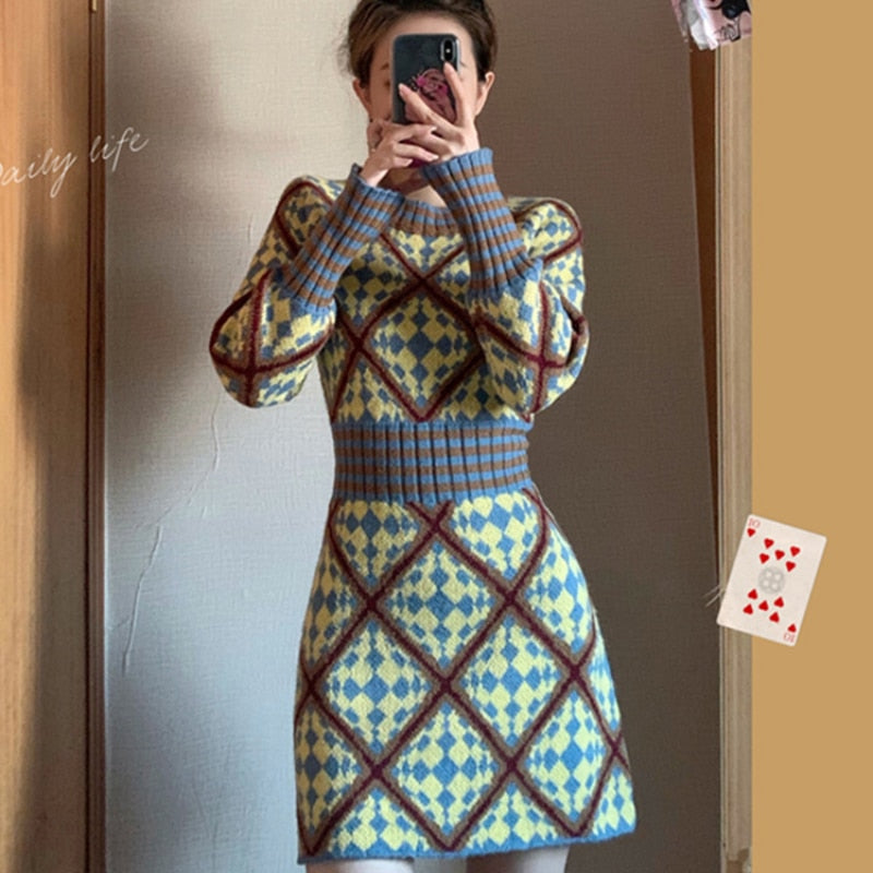 New Women's Waist and Thin Temperament Bottoming with New Year's Thick Sweater Skirt Knitted Dress Autumn and Winter O-Neck