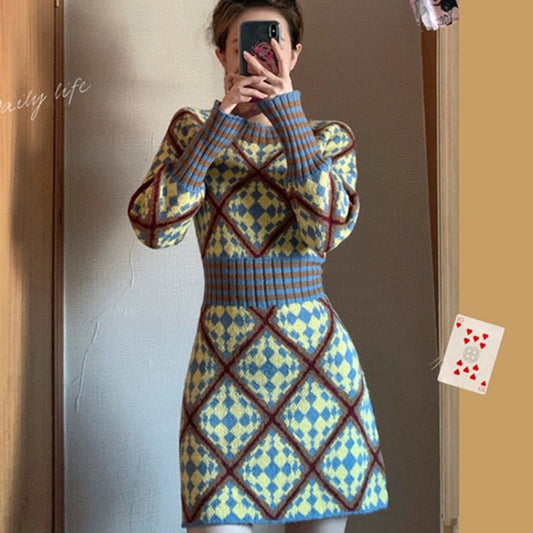 New Women's Waist and Thin Temperament Bottoming with New Year's Thick Sweater Skirt Knitted Dress Autumn and Winter O-Neck