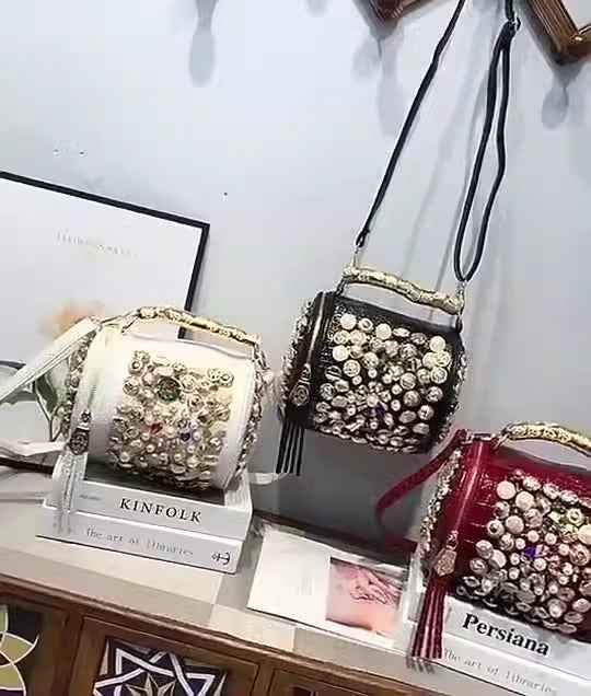 Bag Cylinder Bag Handmade Rhinestone Bag Classic Versatile Shoulder Crossbody Bag Pillow Bag