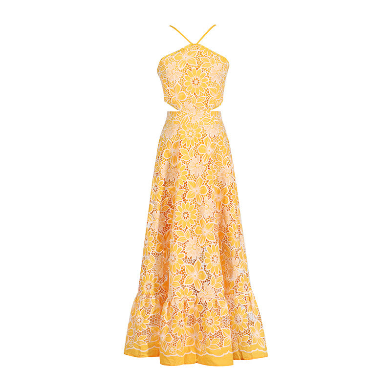 Sexy Vacation Style Dress with Floral Print and Hollow-out Waist Design for Women