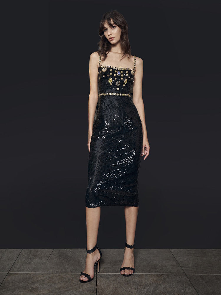 Black Evening Dinner Dress Women Elegant Square Collar Crystal Sequins Spaghetti Strap Dresses