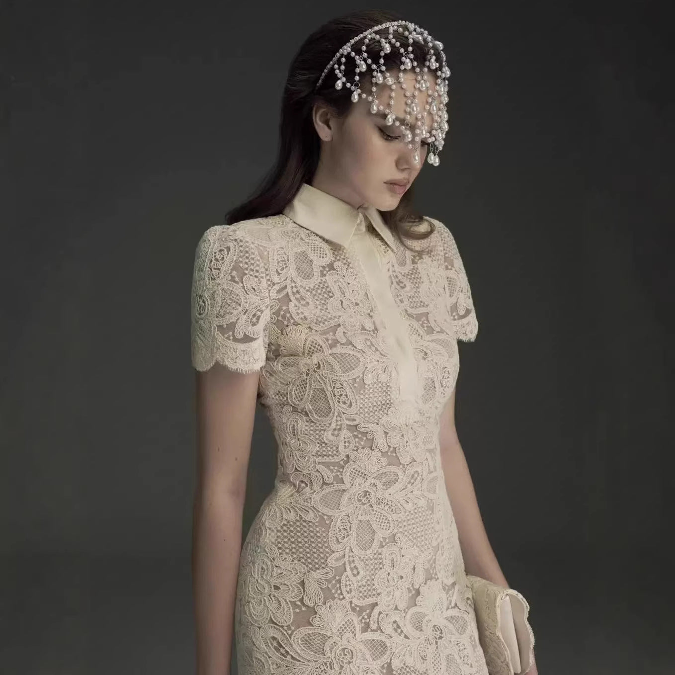Fitted Waist Slimming Turn-down Collar Hollow Short Sleeve Lace Mid-length Mermaid Dress