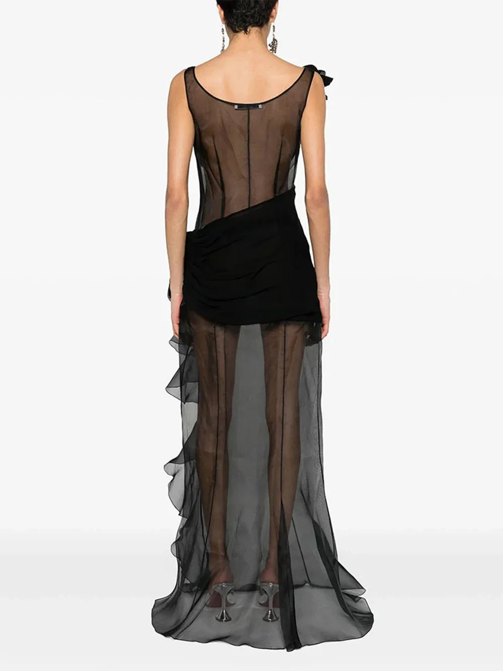 Summer New Sleeveless See Through 3D Flower Long Dress Women Ruffles Slim Maxi Sexy Dresses Party Runway Gowns