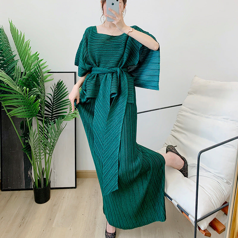 Pleated Suit Women's Summer New Niche Design Sense Irregular Shawl + Skirt Lengthened Two-Piece Set