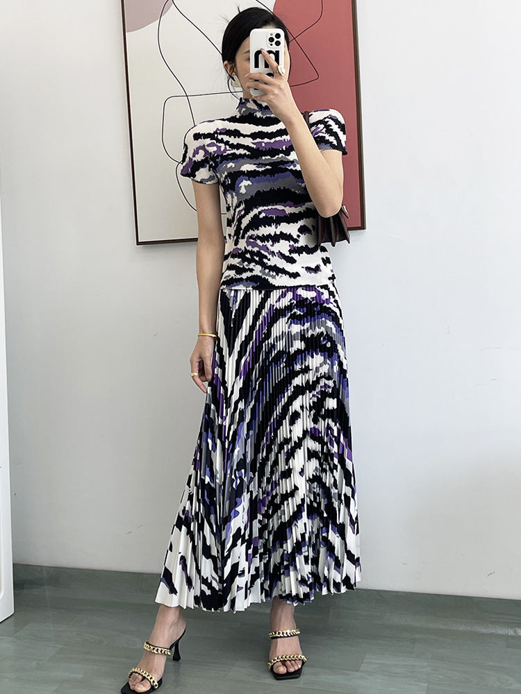 Printing Pleated Set Women Summer Elastic Slimming Stand Collar Short Sleeve T-shirt Top Long Skirt Fashion