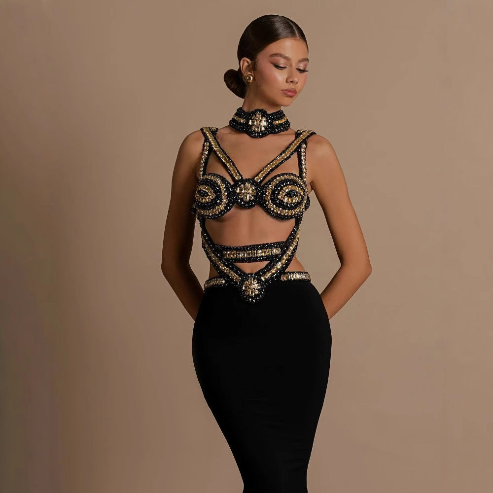 Black gold bandage dress with hollowed out suspender and backless cocktail dress