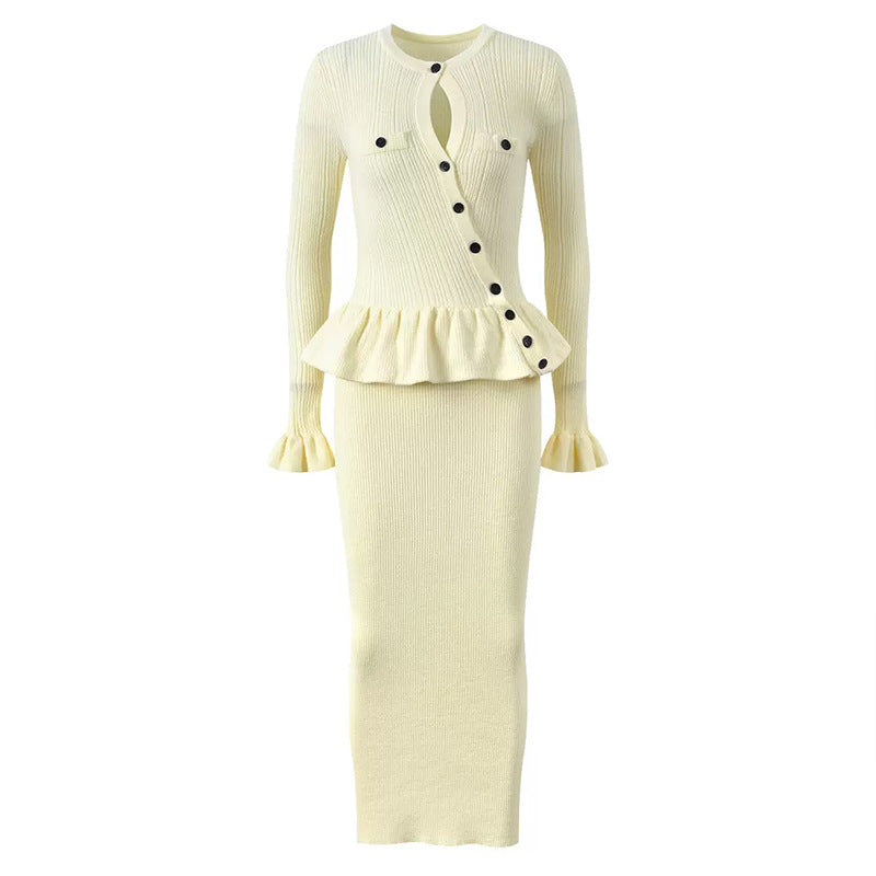 Elegant Knit Dress for Women with Ruffled Long Sleeves and Round Neck