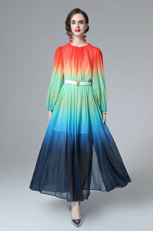 Spring And Summer New Women's Round Neck Lantern Long Sleeve Gradient Sexy Slit Dress