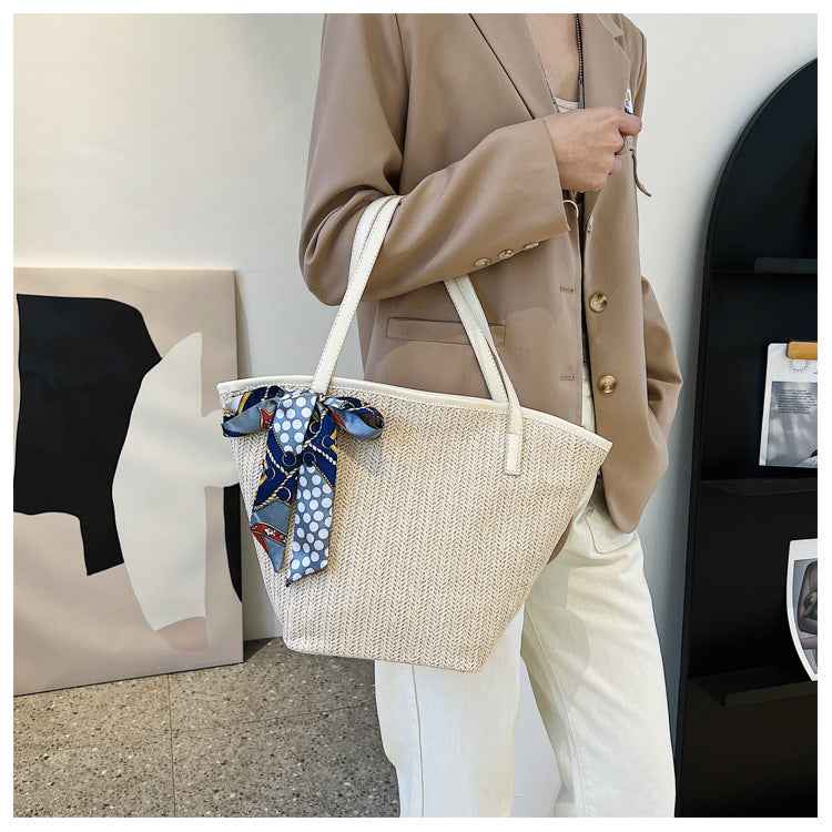 Summer Hand Held Large Capacity Straw Bag Retro Silk Scarf Woven Bag Beach Tote Bag One-Shoulder Wild Vegetable Basket Bag