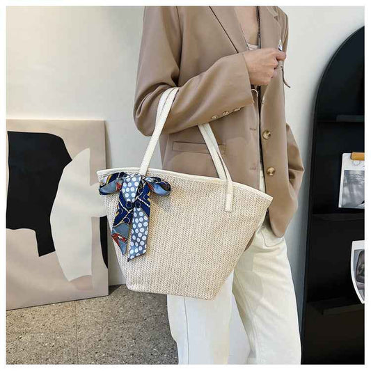 Summer Hand Held Large Capacity Straw Bag Retro Silk Scarf Woven Bag Beach Tote Bag One-Shoulder Wild Vegetable Basket Bag