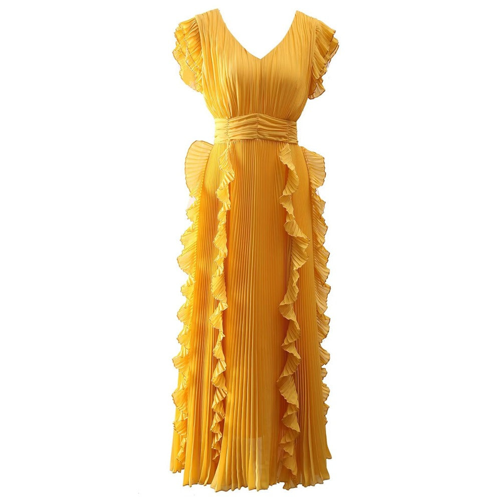 Women's V-neck Qiaoqi pleated wood ear patchwork yellow banquet dress long skirt