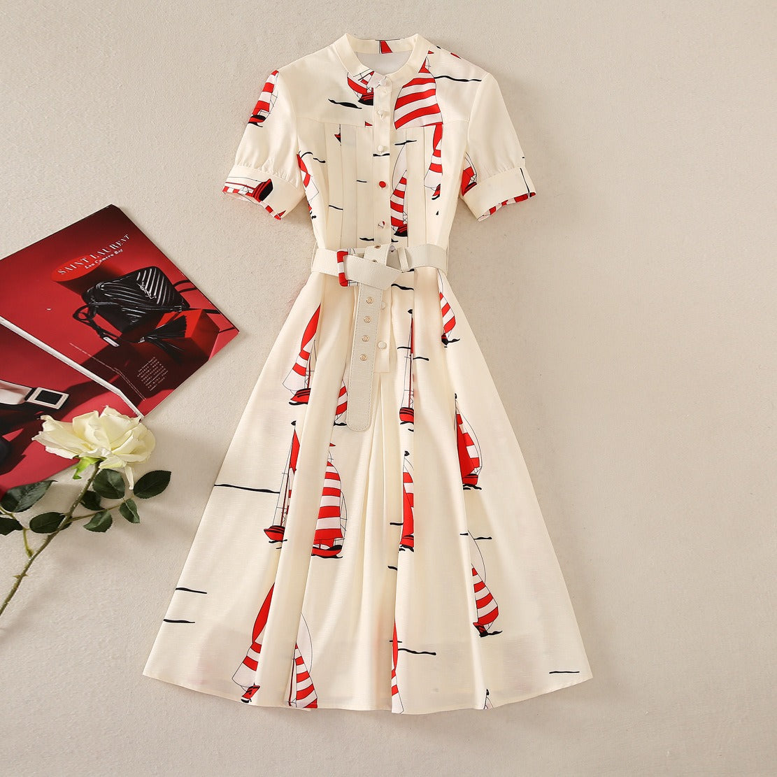 European and American style lapel short-sleeved boat print shirt dress