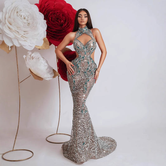 Colorful Diamond Decorated Fitted Round Neck Halter Bodycon Party Dress