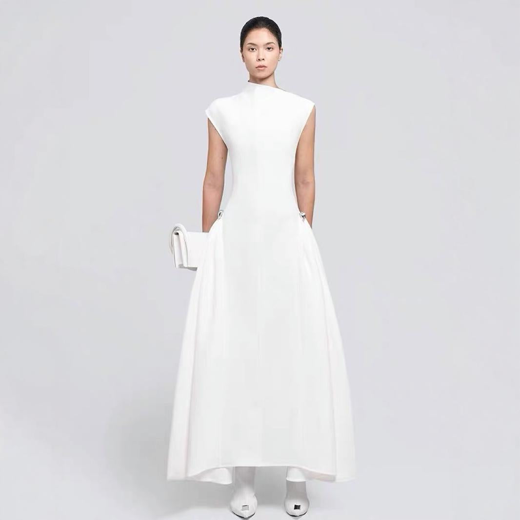 Solid Color Sleeveless A-Line Maxi Dress for Women, High Waist, Elegan
