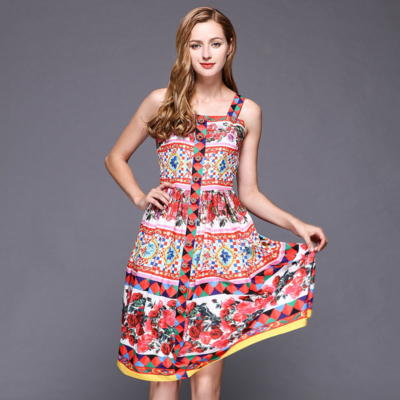 Spring/Summer New Simple Intarsia Polka Dot Aesthetic Ladies Print Sling Square Rose Dress