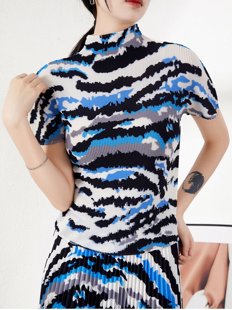 Printing Pleated Set Women Summer Elastic Slimming Stand Collar Short Sleeve T-shirt Top Long Skirt Fashion