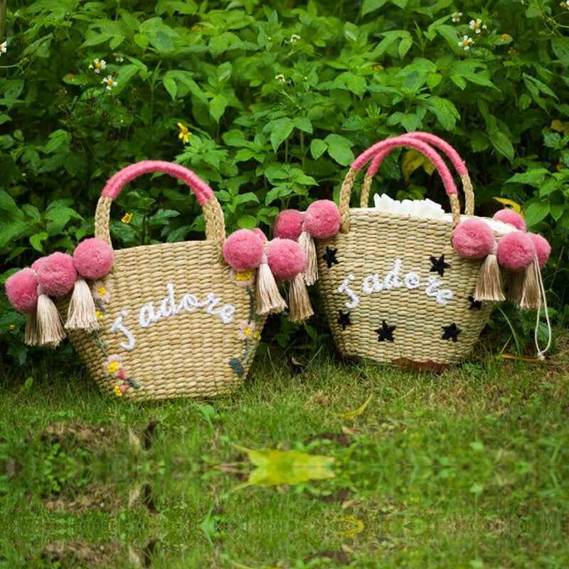 Beach Bag for Women Cute Handmade Straw Bags tassels pom pom Summer Vacation Handbags Drawstring Basket Bag Travel Tote