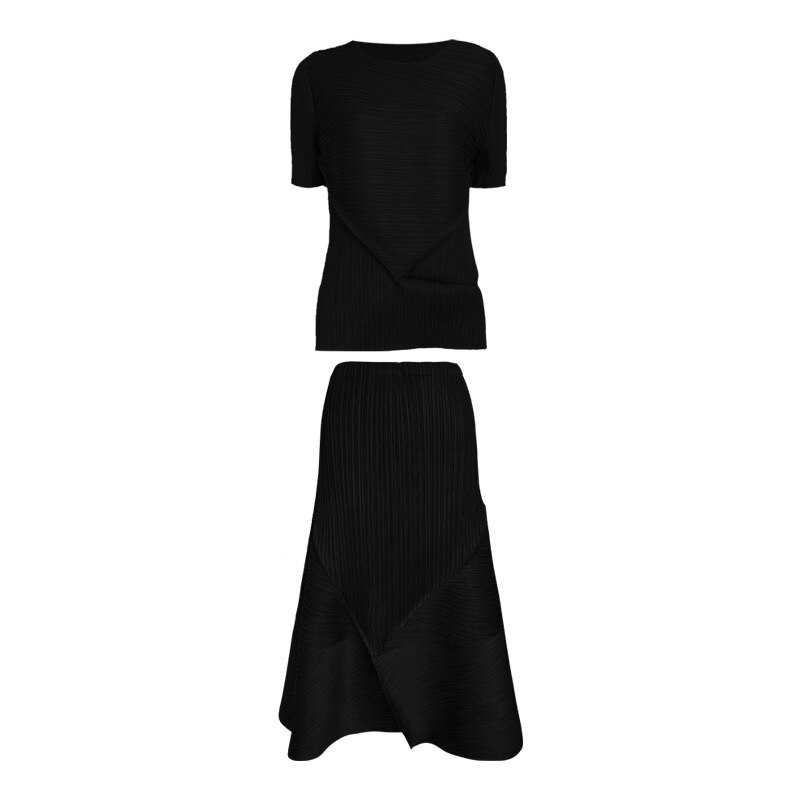 Pleated 2 Pieces Set Women Short Sleeve Top + Elastic Waist A Line Loose Sklirt Casual Female Folds  Spring New