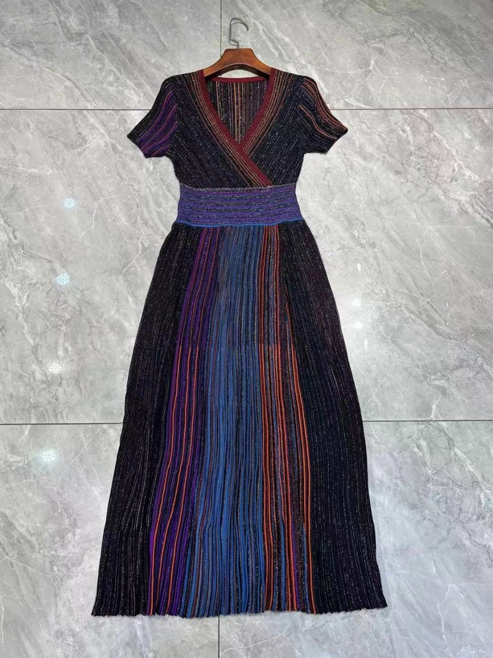 Nanyou Summer Gradient Color Striped Long Skirt Temperament Commuting Pleated Skirt Waist Knitted Elastic Dress