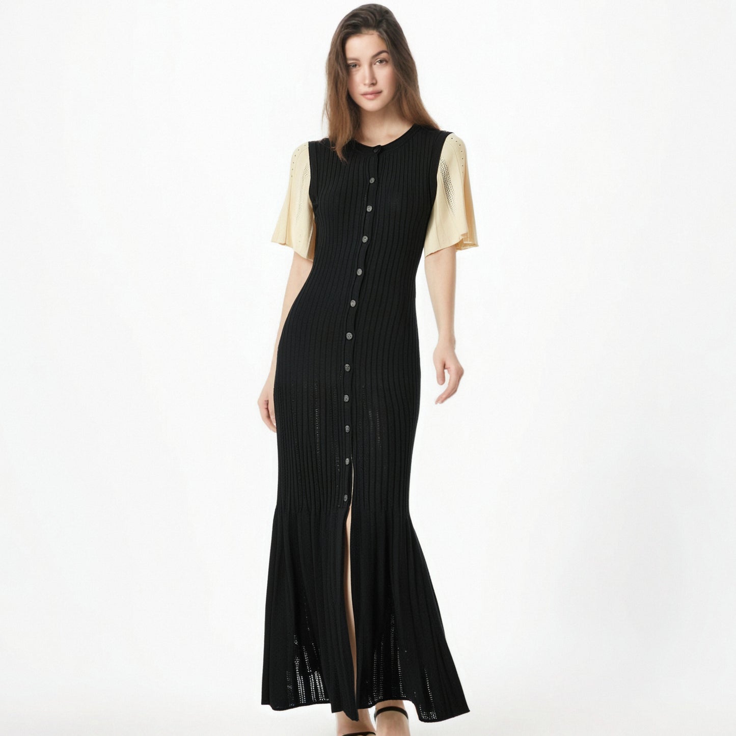 Black flared sleeve dress extra long women's knitted skirt elegant short sleeved skirt