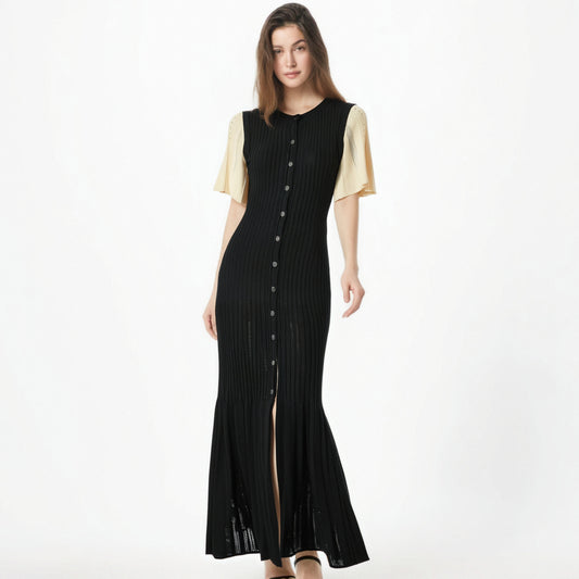 Black flared sleeve dress extra long women's knitted skirt elegant short sleeved skirt