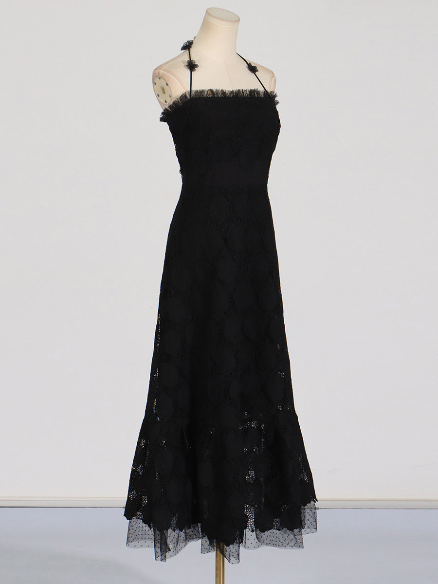 3D Flower Hanging Neck Embroidered High Waist Dress for Women