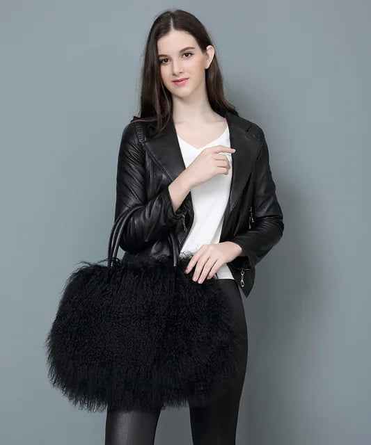 Real Mongolian Fur Bags Australian Beach Wool Fur Shoulder Bag Ladies Tibet Lamb Fur Wrist Bag Large Capacity