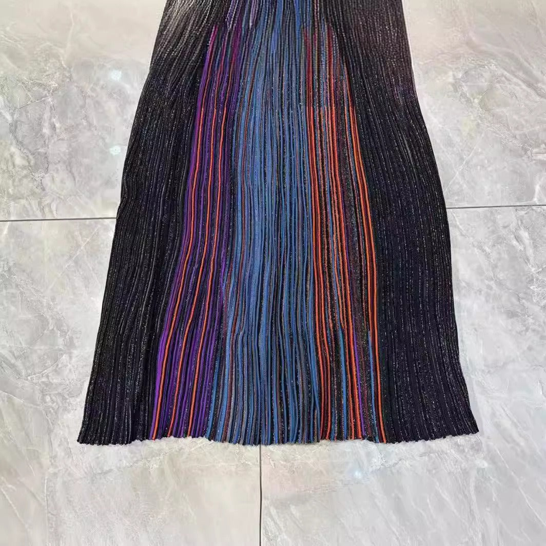 Nanyou Summer Gradient Color Striped Long Skirt Temperament Commuting Pleated Skirt Waist Knitted Elastic Dress