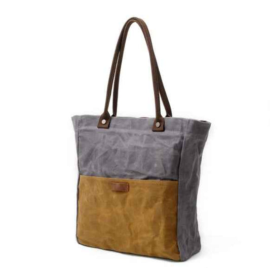 women's Vintage New oil wax canvas handbags simple waterproof retro hit color shoulder bag female Patchwork shopping bag