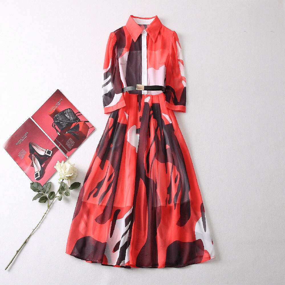 DesireFair Trendy Spring And Summer Mid-Length Women Commuter Style Single-Row Multi-Button Belt Mid-Waist Lapel Print Dresses