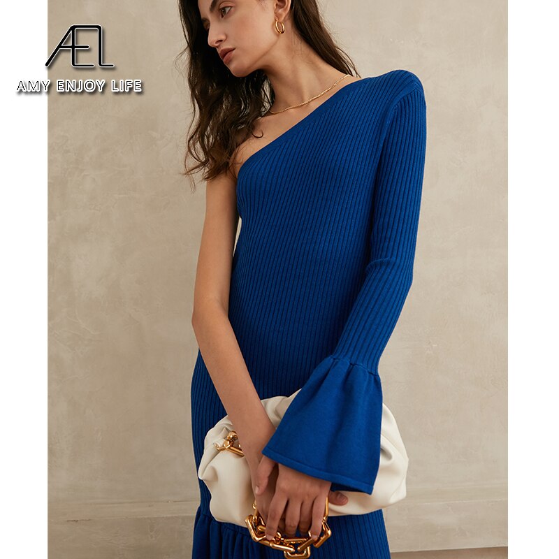 AEL Wool Knitted Party Dress Women Spring Elegant Sexy One Shoulder Fishtail Long Dress Elastic Slim Blue