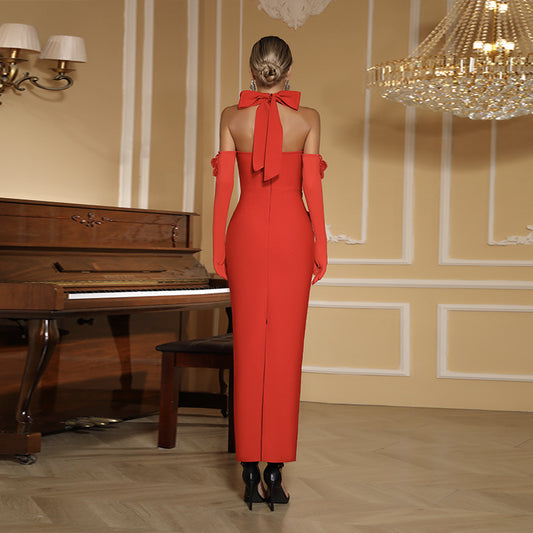 Fashion Sleeveless Backless Halter with Gloves Flower Decorated Fitted Long Bodycon Dress for Women