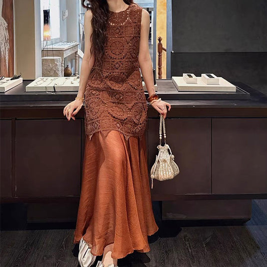 Elegant Rope Embroidery Beaded Mesh Sleeveless Dress Fashion Summer Dress