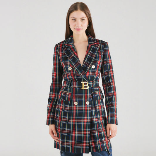 Red and black checkered temperament waist cinching suit skirt B-belt skirt commuting suit dress