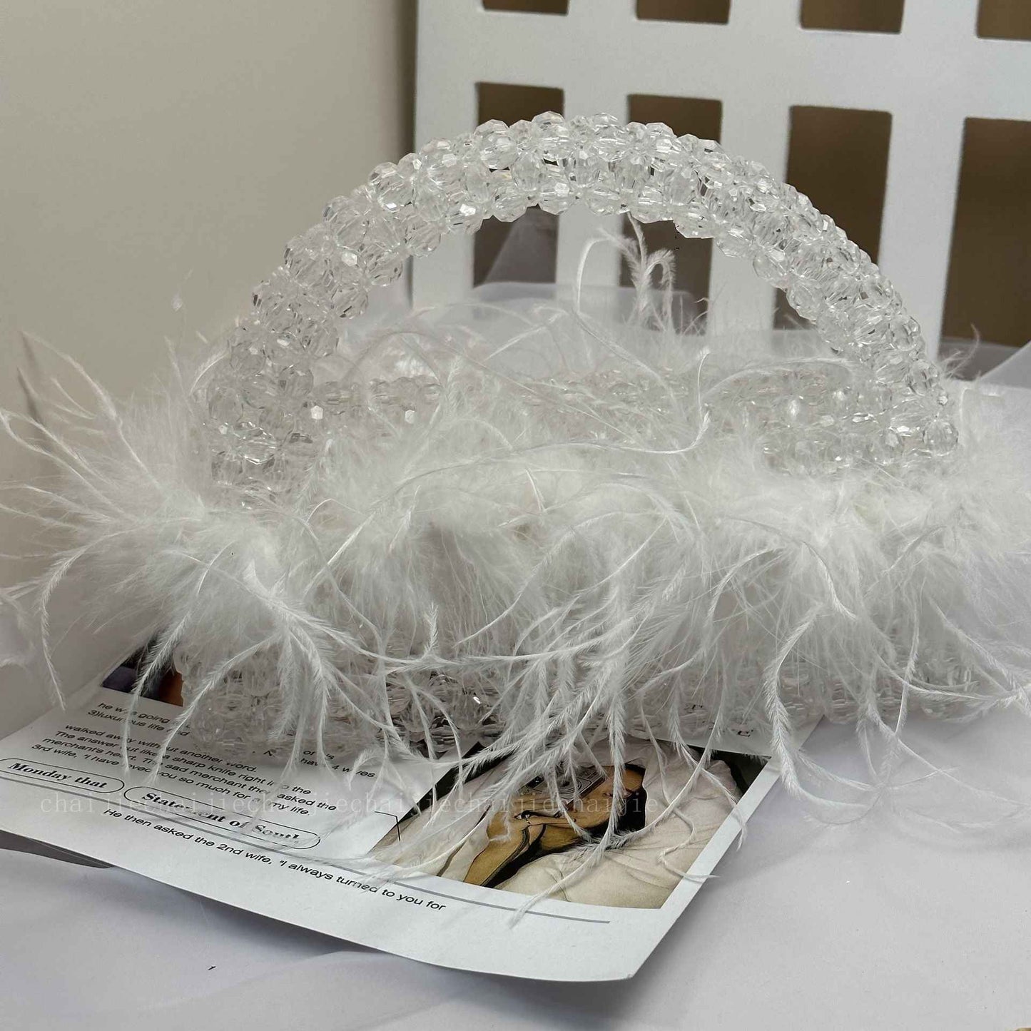 Pearl bead bag with Ostrich feather fur designer brand Clear Acrylic crystal stone box tote handbag women handmade party purse