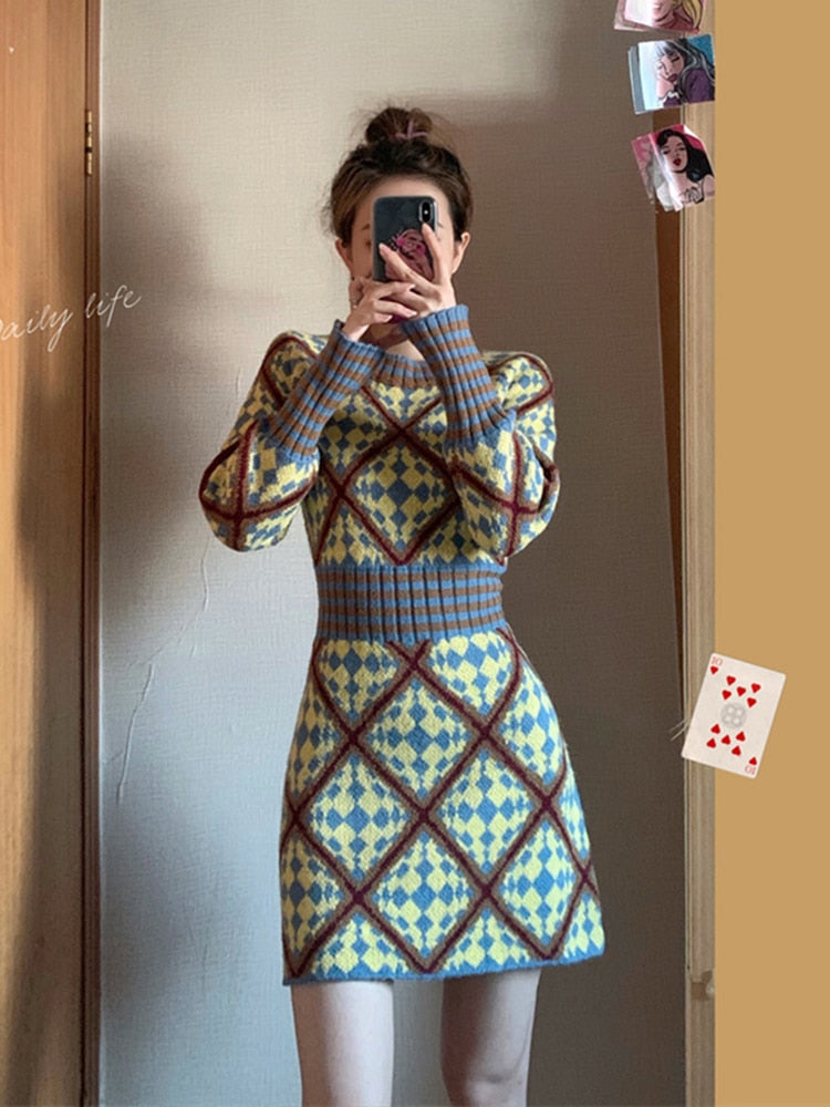 New Women's Waist and Thin Temperament Bottoming with New Year's Thick Sweater Skirt Knitted Dress Autumn and Winter O-Neck
