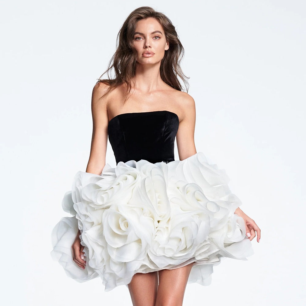 Black and white contrasting flower dress wedding banquet fishbone dress