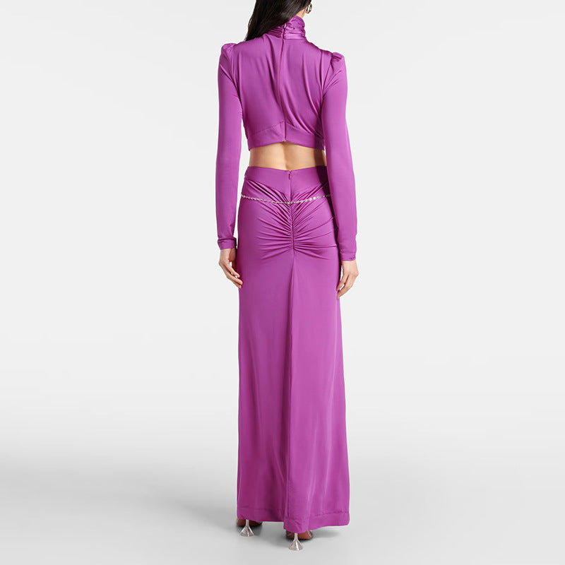 Waist hollow diamond inlaid elastic long dress