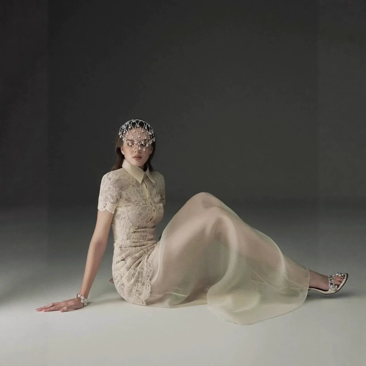 Fitted Waist Slimming Turn-down Collar Hollow Short Sleeve Lace Mid-length Mermaid Dress